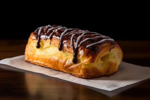 A pastry with chocolate drizzle and a dark background