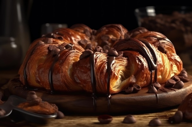 Foto una pasticceria con pioggia di cioccolato e un cucchiaio su una tavola di legno