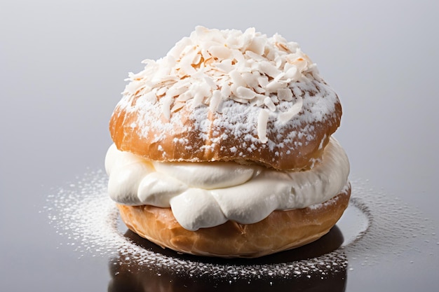 a pastry with cream and coconut on top