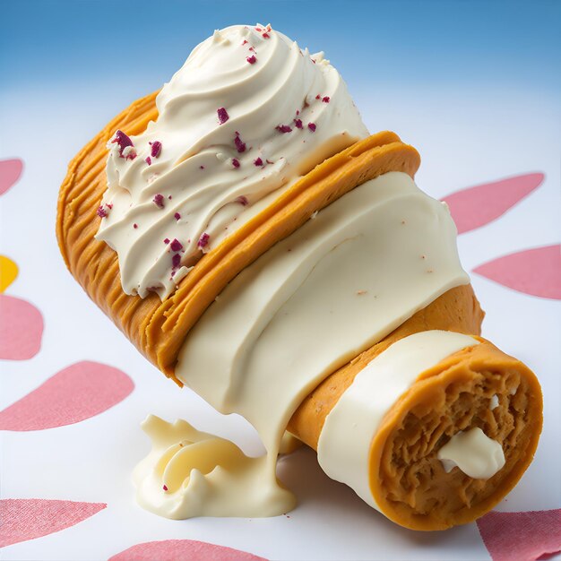 A pastry with cream on it and a pink and white sprinkles on the top.