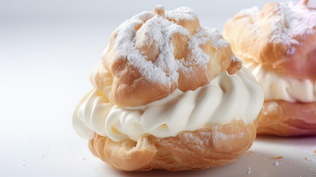 Photo a pastry with cream on it and a white frosted pastry on the top