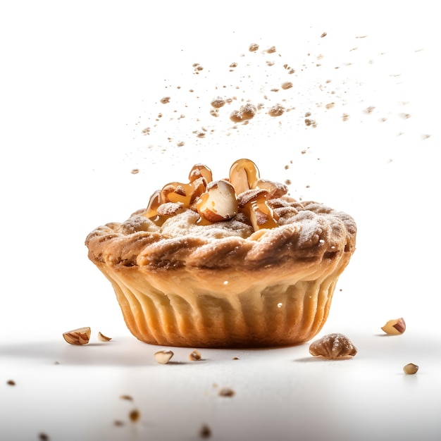 A pastry with nuts on it and a sprinkle of walnuts on the top.