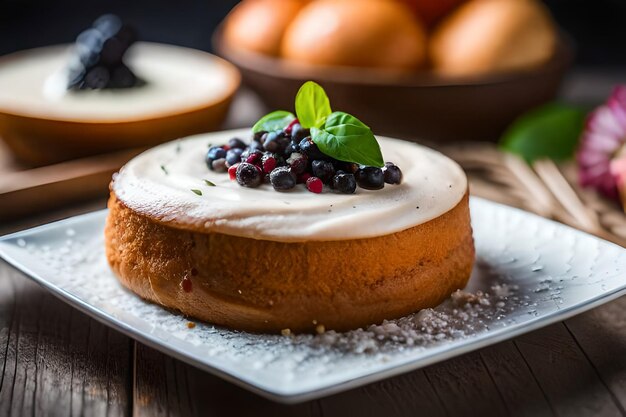 a pastry with a white frosting and a green leaf on top.