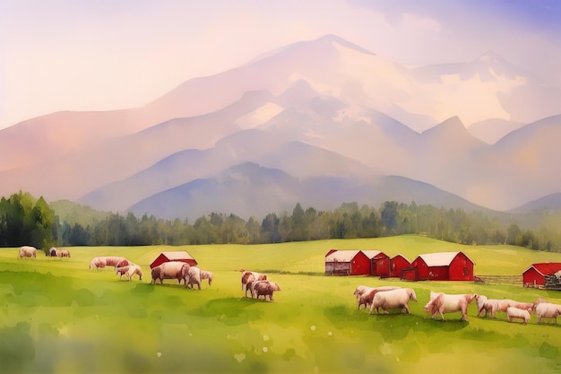 Pasture against the backdrop of picturesque mountains near the farm watercolor drawing Generative AI