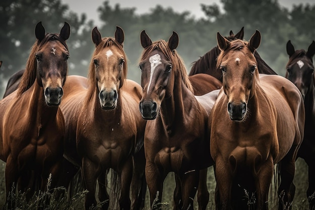 牧草地では牝馬の群れが曇りの日