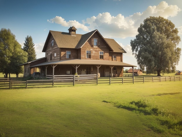 Pasture on A horse ranch with a house and fenceold farm house