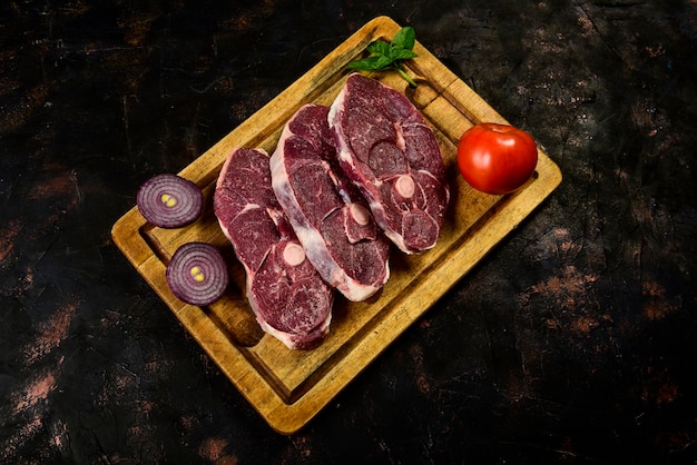 Patagonian lamb meat presented on the wooden table Patagonia Argentina