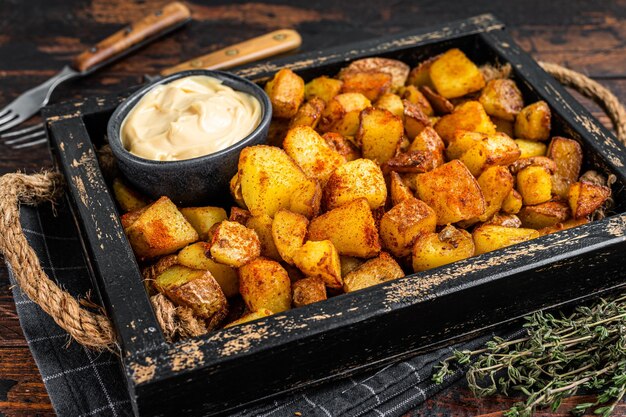 Patatas bravas traditionele Spaanse aardappelsnack tapas. Donkere houten achtergrond. Bovenaanzicht.