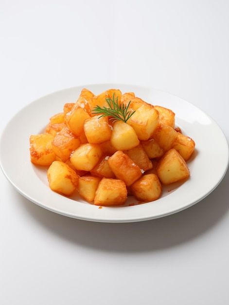 Patatas bravas on white plate