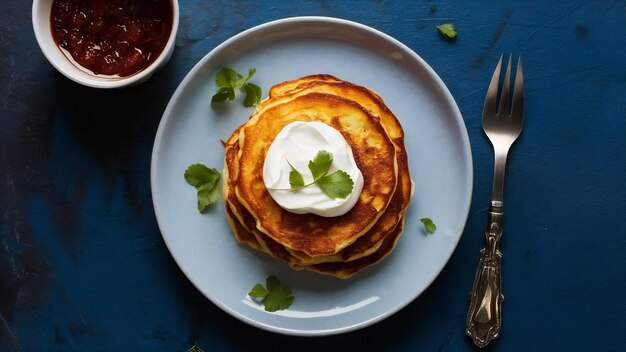 Photo patato pancakes with sour cream isolated on wahite surface