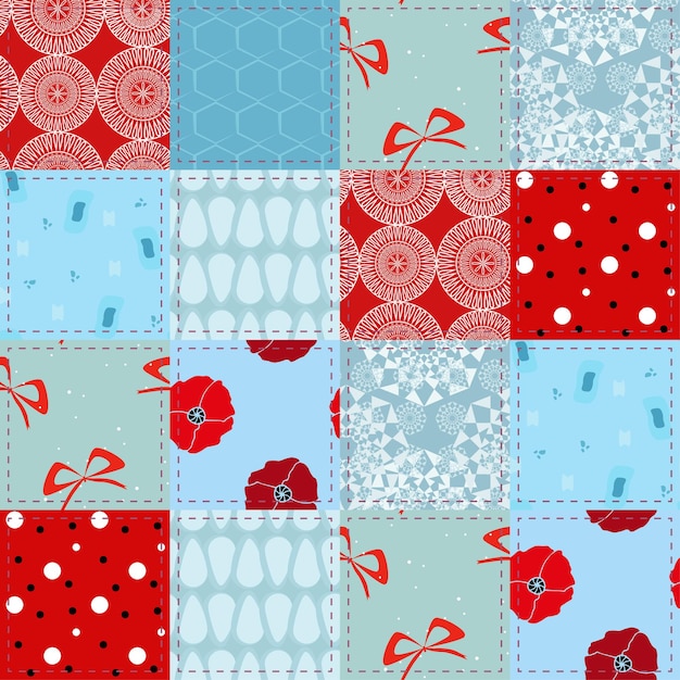 Patchwork con sfumature rosse e celesti