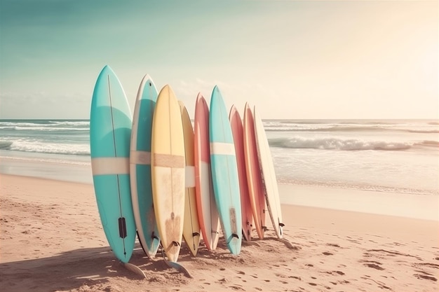 Patel surfboards op een tropisch strand Retro kleuren getoneerde afbeelding Generatieve AI