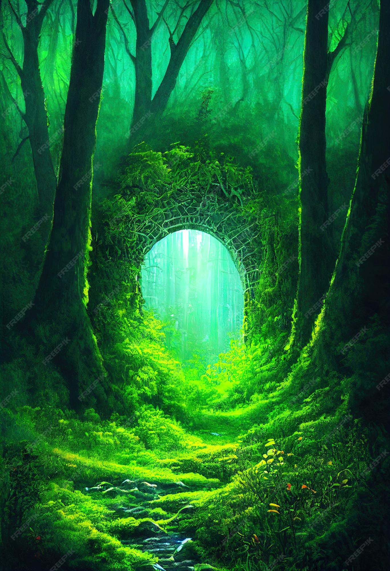 Premium Photo | Path to another dimension in a dense green forest the  leaves on the trees are green the whole earth is covered with green grass  3d illustration