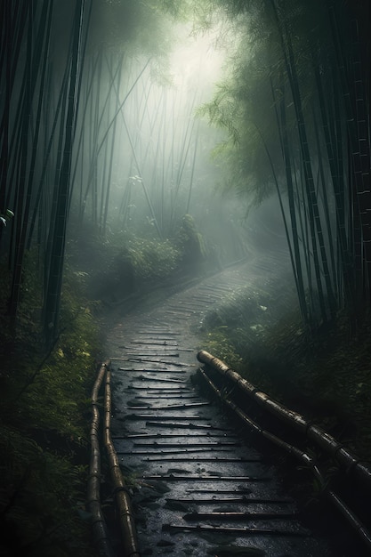 Photo a path in the bamboo forest on a rainy day