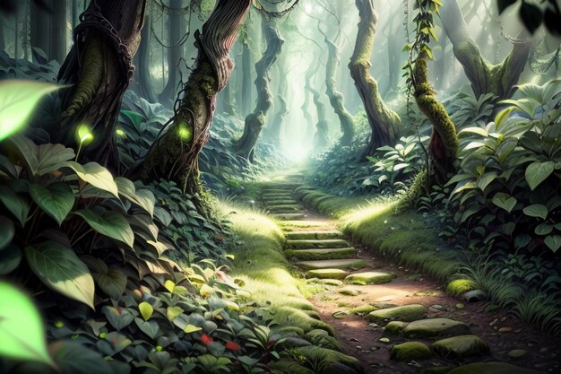 Path and big tree in primeval forest nature landscape wallpaper background illustration