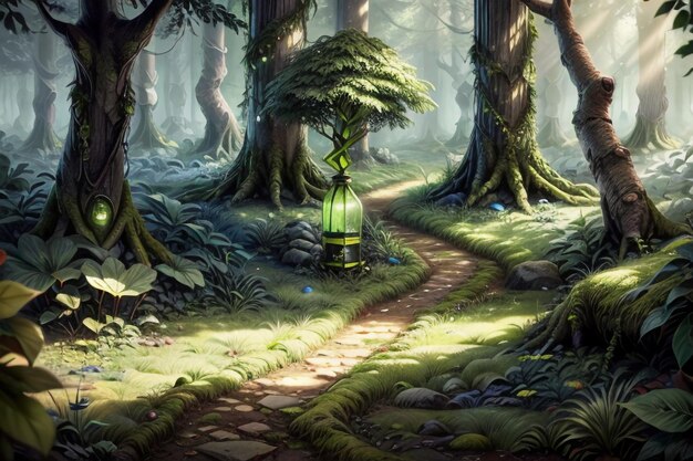 Path and big tree in primeval forest nature landscape wallpaper background illustration