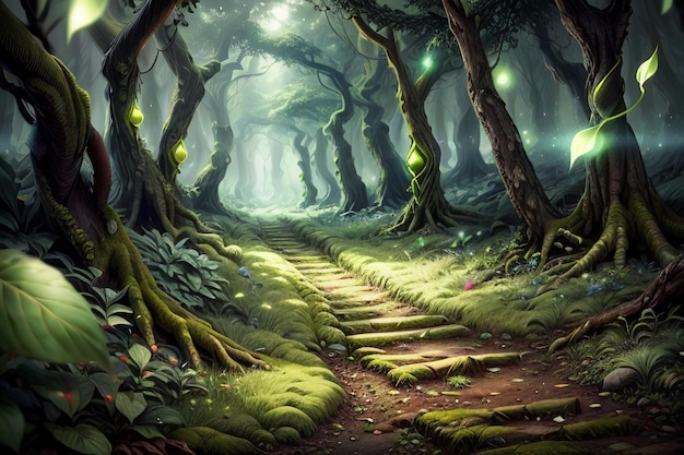 Path and big tree in primeval forest nature landscape wallpaper background illustration