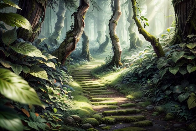 Path and big tree in primeval forest nature landscape wallpaper background illustration