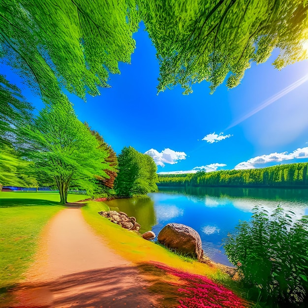 A path by a lake with a tree in the foreground and a bright sun shining on the right.