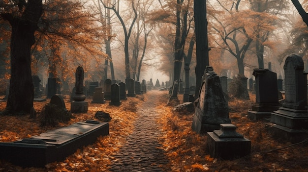 바닥에 주황색 잎이 있고 오른쪽 하단에 묘지라는 단어가 있는 묘지의 길.