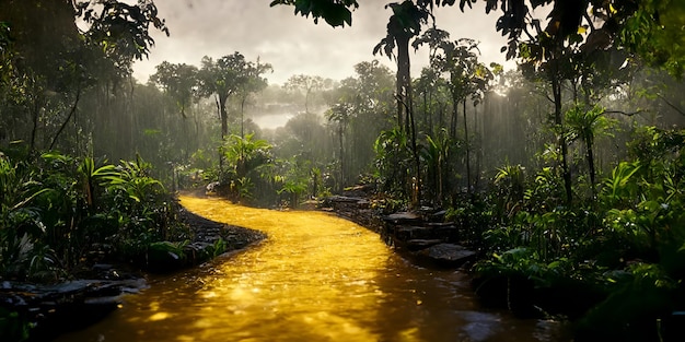 Foto percorso per la città dell'oro attraverso una fitta foresta pluviale