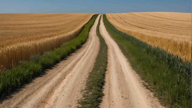 Path cutting through a golden wheat field under blue sky