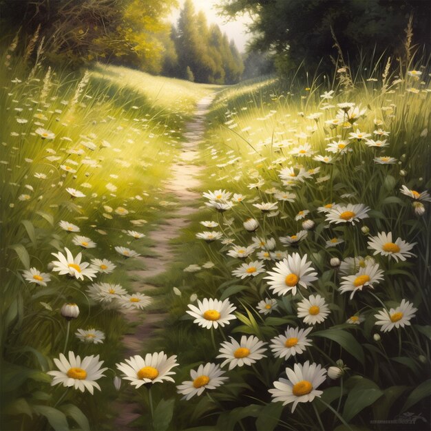 Photo path of daisies in the grass