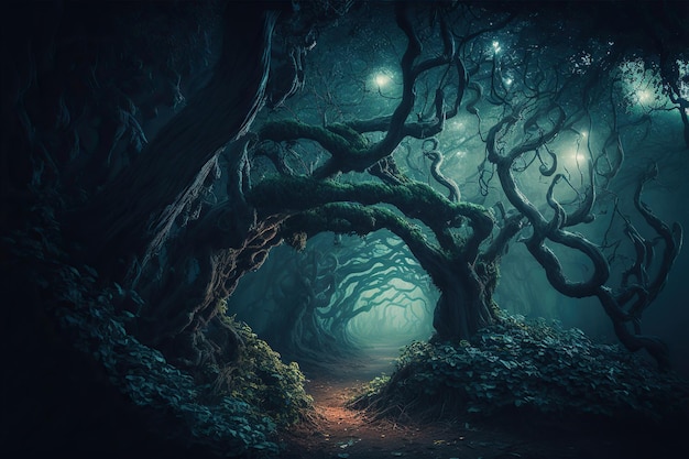 A path in the dark forest along the old scary curved trees