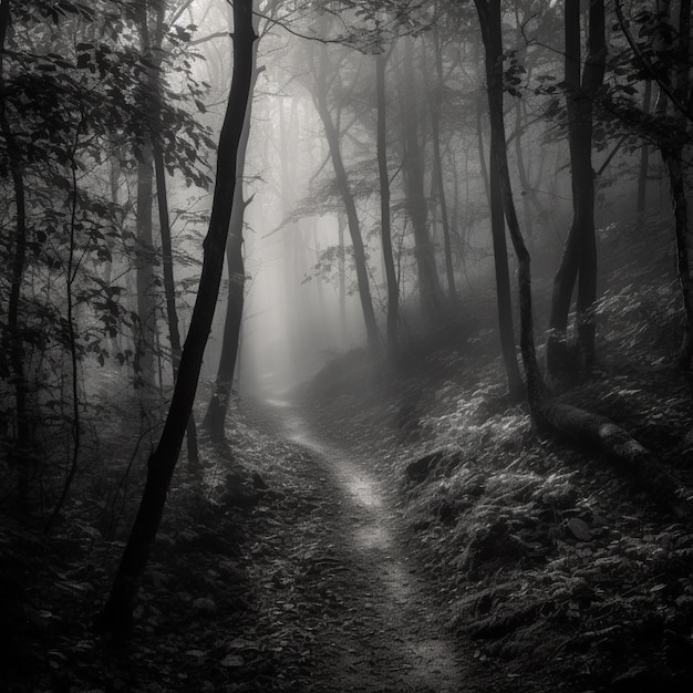 Photo a path in a dark forest with fog and trees.