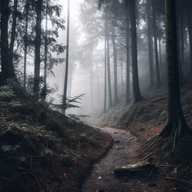 A path in a dark forest with fog and trees.