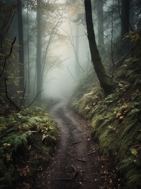 A path in a dark forest with the word forest on it