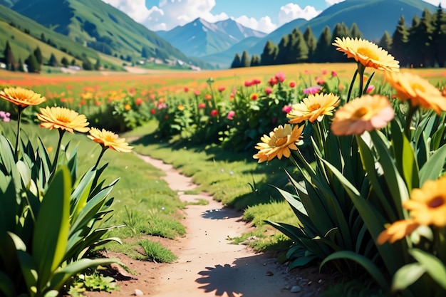 A path in a field of flowers with a mountain in the background