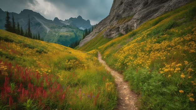 A path in a field of wild flowers