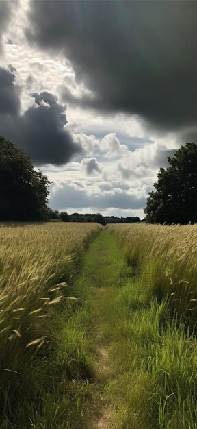 A path in a field with a dark sky in the background