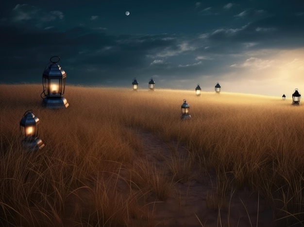 A path in a field with lanterns and the moon