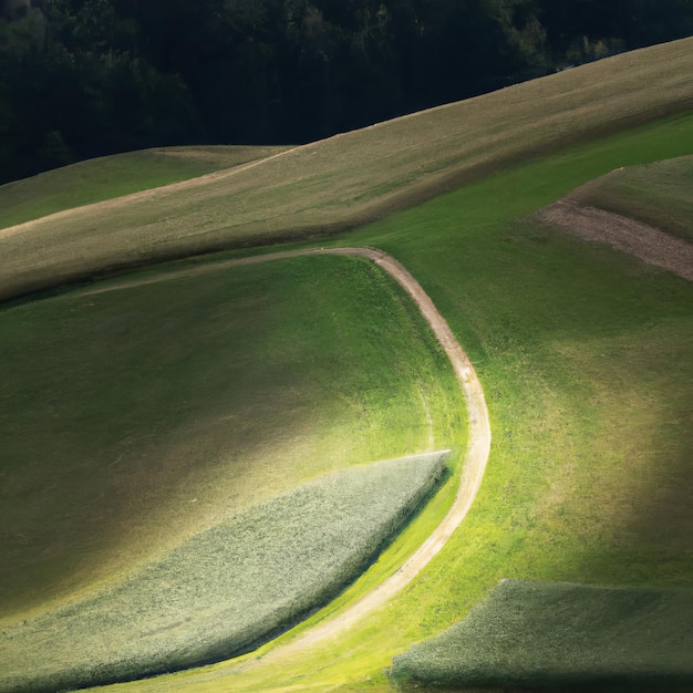 A path in a field with the sun shining on it