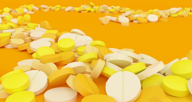 Path filled with yellow pills on a yellow background, 3d illustration