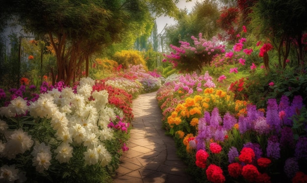 A path of flowers in a garden