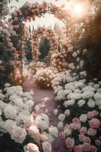 A path of flowers with a pink arch in the middle