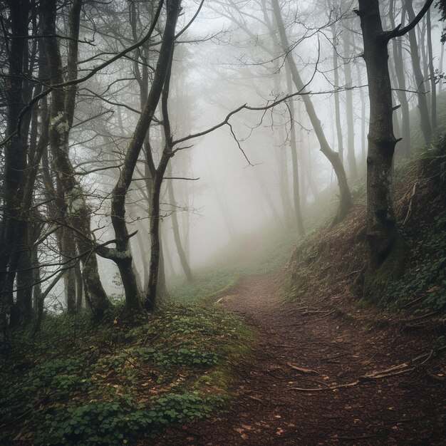 a path in the fog with trees and a trail in the background.