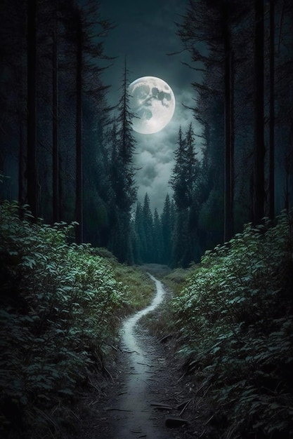 森の小道と大きな丸い月 生成AI