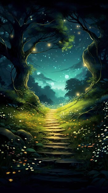 Path between forest and sea with stars in the night sky and fireflies and glowing fernlike shrubber