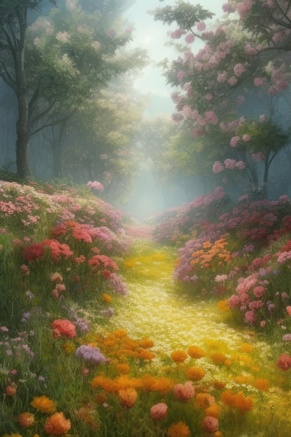 A path in the forest with flowers