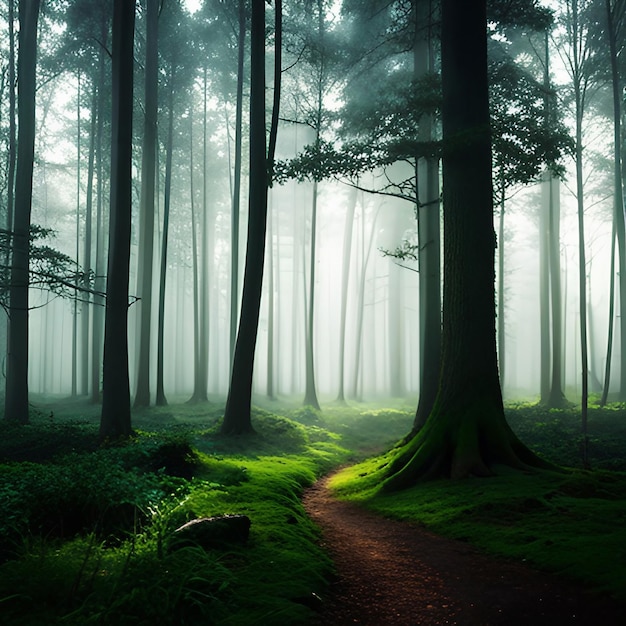 Путь в лесу с таинственной тихой атмосферой тумана, созданной с помощью генеративной технологии искусственного интеллекта