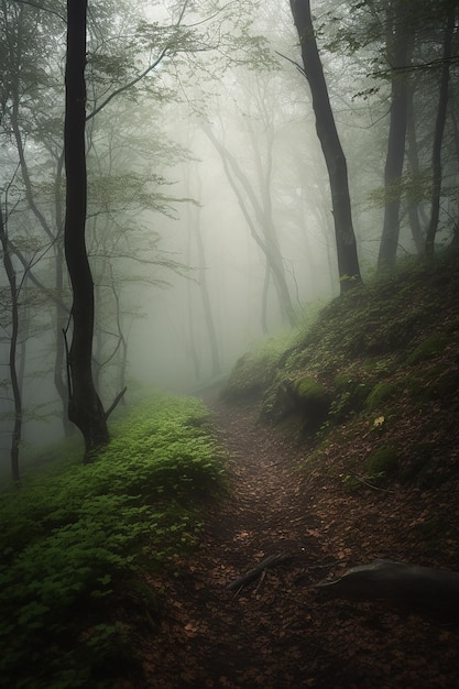 A path in the forest with fog and trees