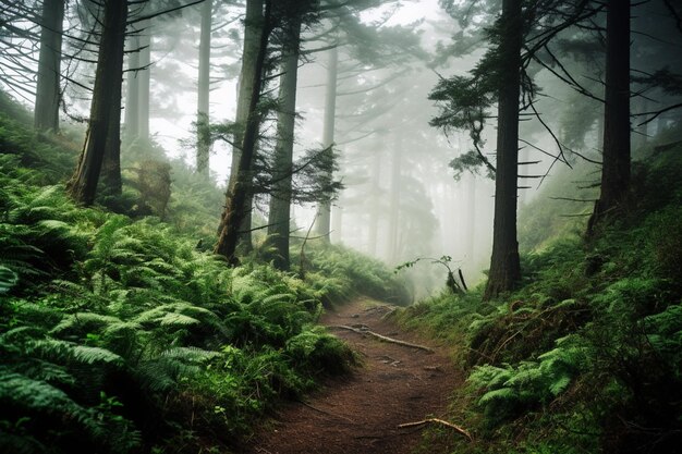 緑のシダと霧の背景を持つ森の小道。