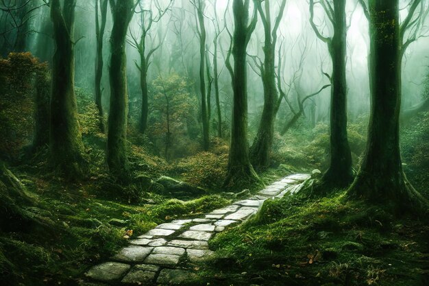 A path in a forest with green trees and a light that is on the bottom