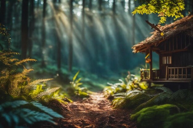 a path in a forest with a hut in the background