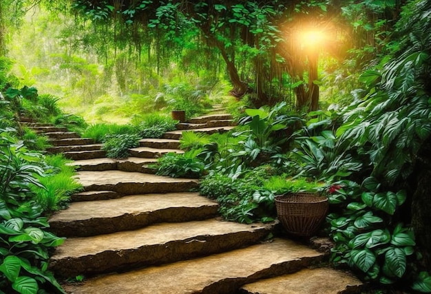 A path in the forest with a lantern on it