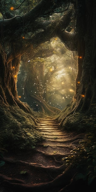 A path in the forest with lights on it